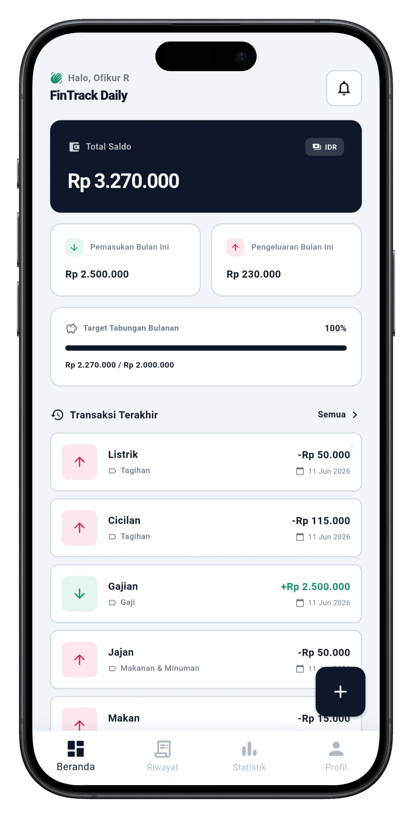 FinTrack Daily — Dashboard utama menampilkan saldo dan transaksi terkini